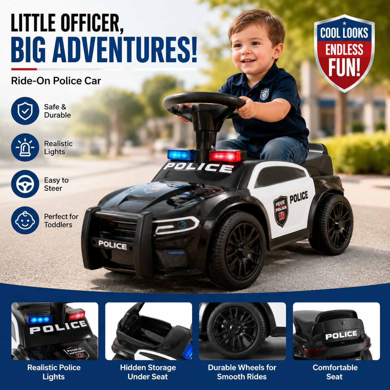 Police Ride-On Push Car – Flashing Lights, Siren & Hidden Storage for Toddlers