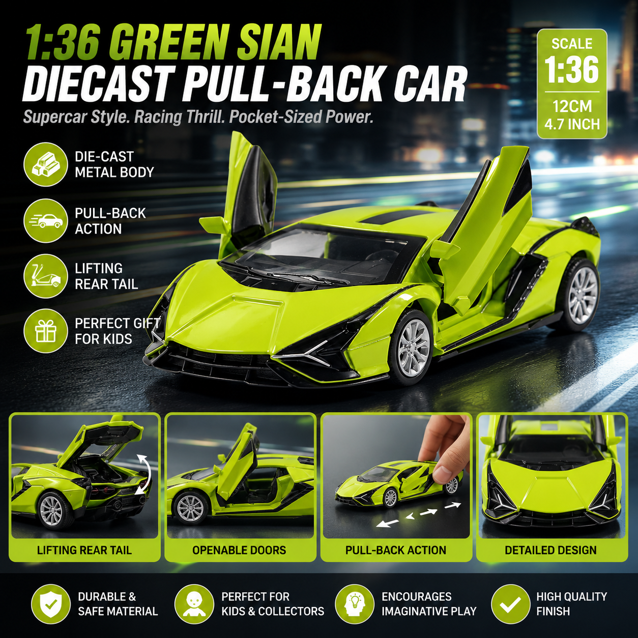 TheLittleBigStore SpeedLegend™ 1:36 Sian Diecast Pull-Back Supercar – Green