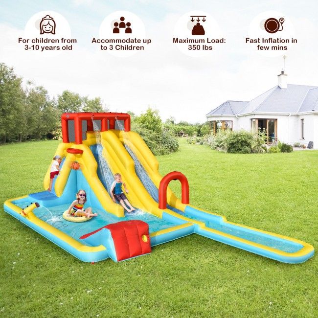 Kids Inflatable Water Park with Dual Slide, Bounce House, Climbing Wall & 735W Blower – Outdoor Summer Fun Playset