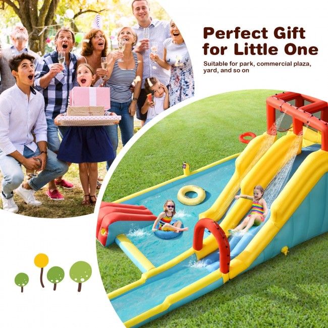 Children playing on a inflatable water slide with a birthday party scene in the background