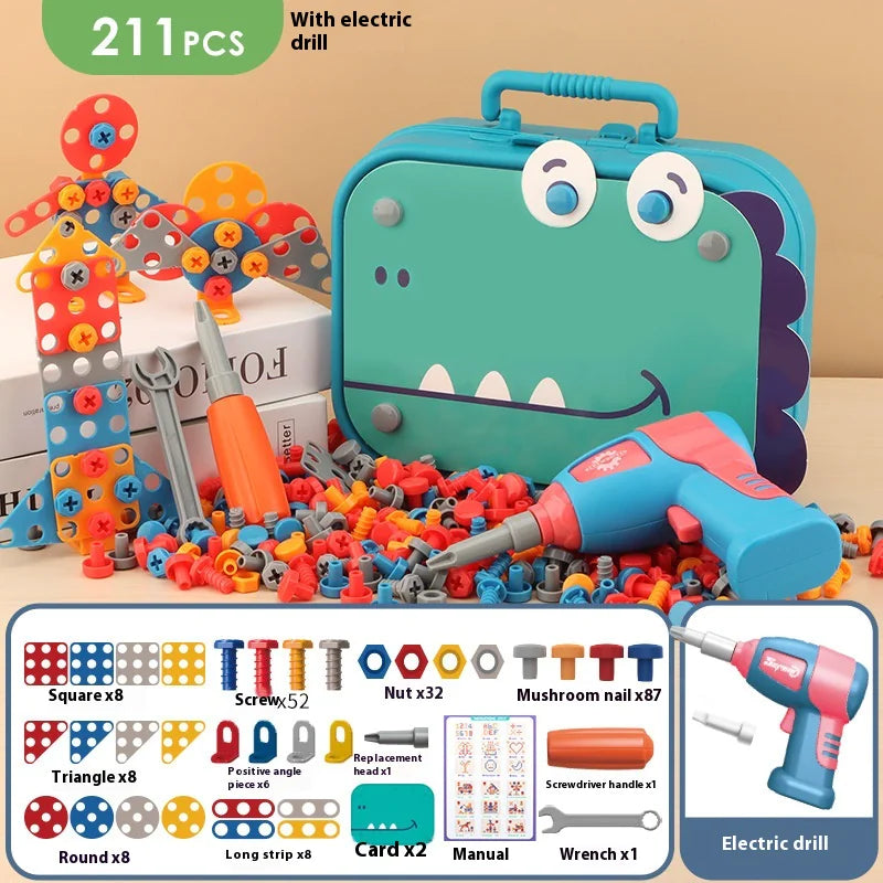 Kids Electric Screw Tool Box β 210 to 220 PCS DIY Construction Toy Set with Optional Electric Drill for Creative Building Play