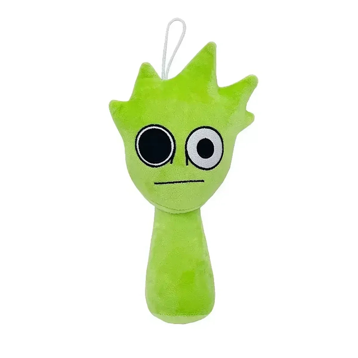 Green plush toy with googly eyes on a white background