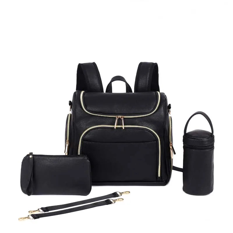 Premium 7-in-1 Diaper Bag: Solid PU Leather Maternity Backpack with Large Capacity, Travel-Ready Features, and Changing Pad