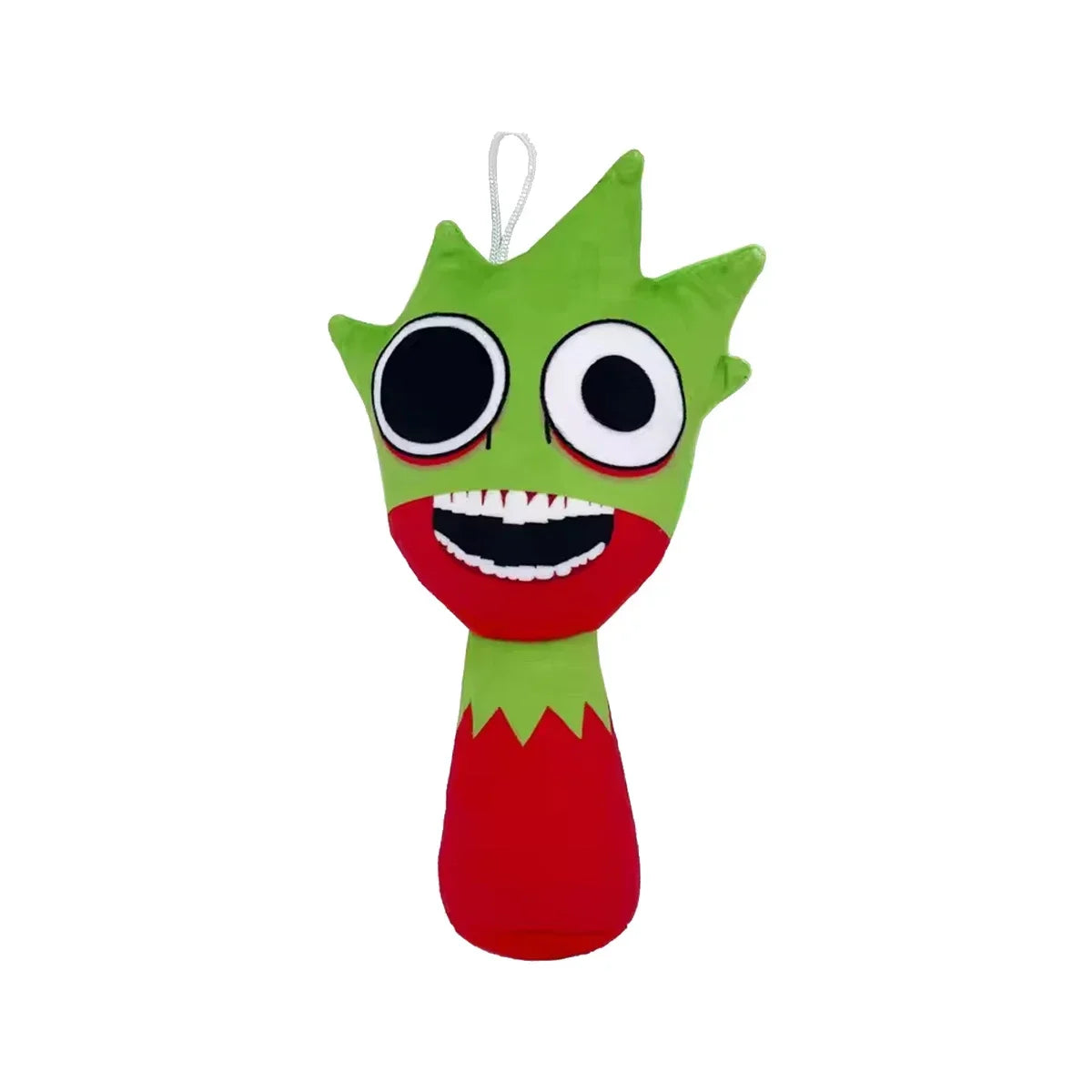 Green and red toy with a face on a white background
