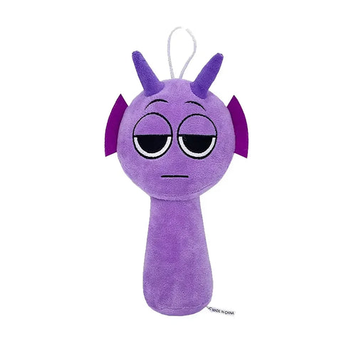 Purple plush toy with a sad expression on a white background