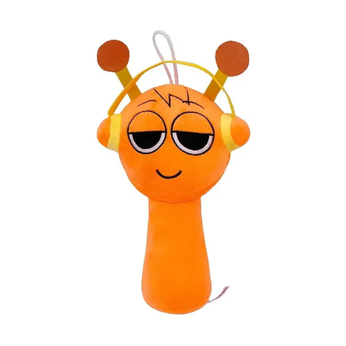 Orange toy with headphones on a white background