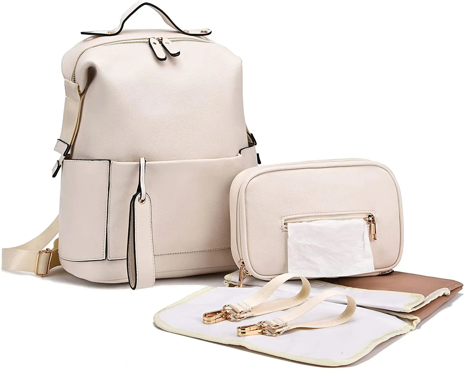 Premium 7-in-1 Diaper Bag: Solid PU Leather Maternity Backpack with Large Capacity, Travel-Ready Features, and Changing Pad