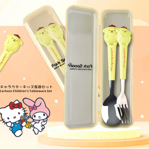 Children's tableware set with cartoon design in a clear case, featuring a spoon and fork.