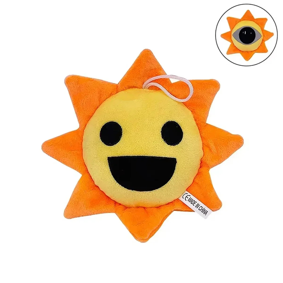 Plush sun-shaped toy with a smiling face on a white background