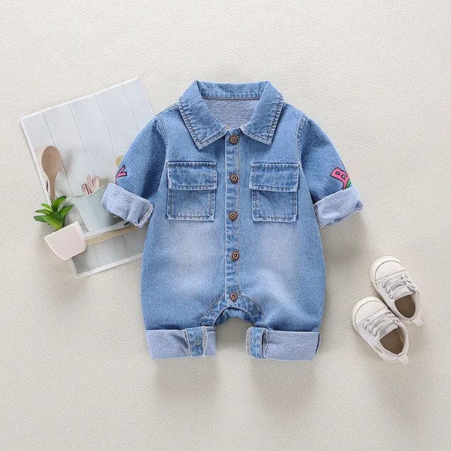 Newborn Denim Romper with Cartoon Design - The Little Big Store