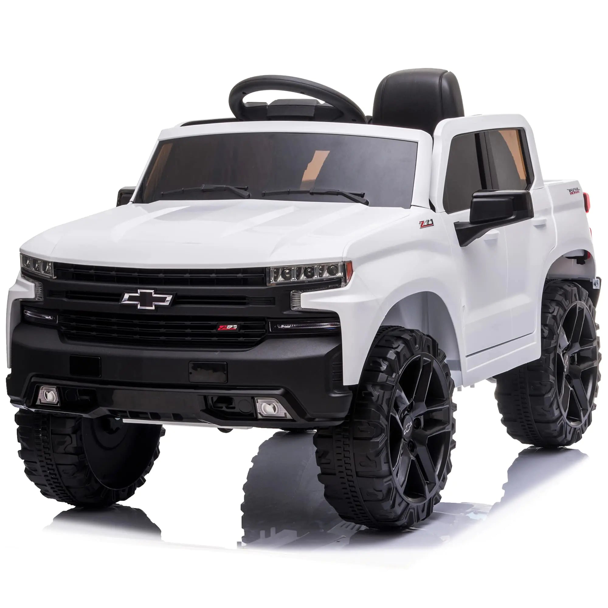 White toy truck with black wheels on a white background