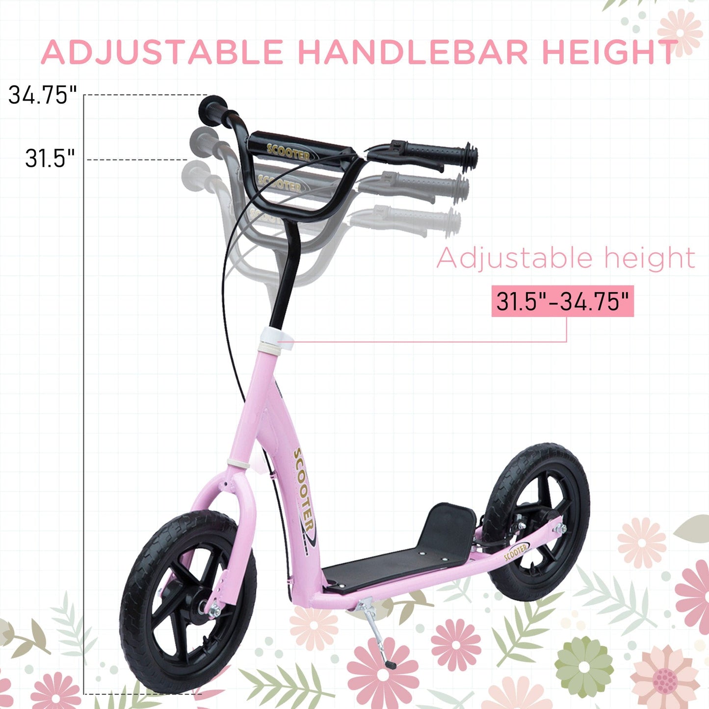 HOMCOM Kick Scooter for Kids 5-12 Years Old, Big Wheel Kids Scooter with Adjustable Height Handlebar, Non-slip Footplate, Rear Brake, Pink - The Little Big Store