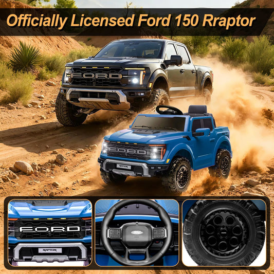 Ford Ride on Cars, 12V Ford F150 Raptor Powered Ride on Toys with Remote Control, Electric Car for Kids with Bluetooth/Fm/Trunk, 4 Wheelers Truck for Toddlers Boys Girls Ages 3-6, Blue