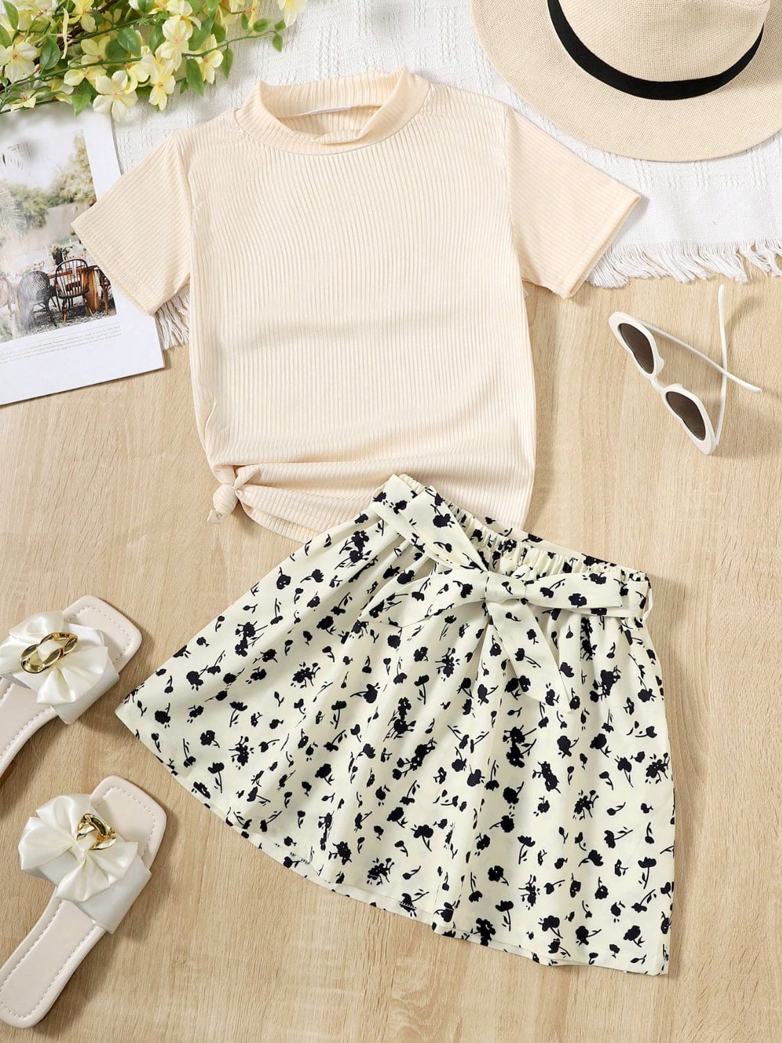 Children's Ribbed T-Shirt and Contrast Floral Skirt Set - The Little Big Store