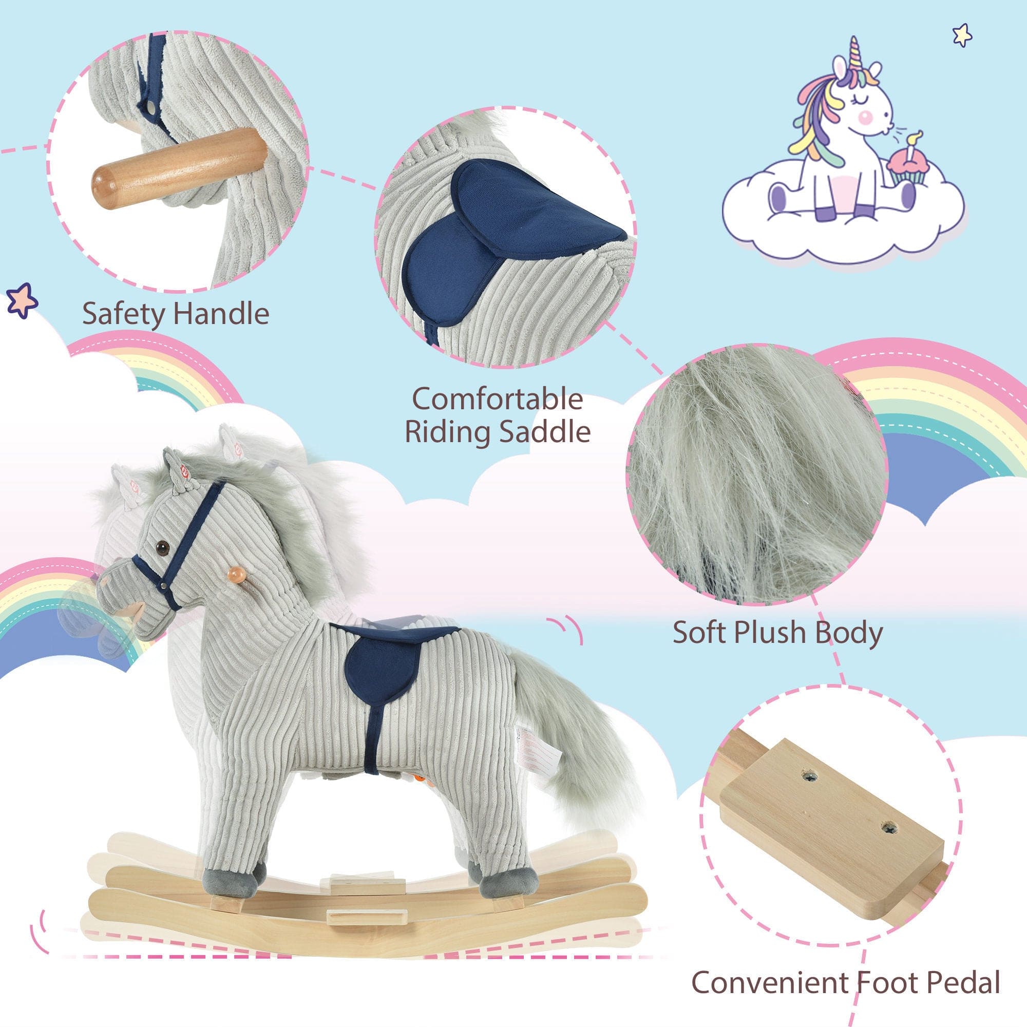 Qaba Kids Rocking Horse for Toddler 3-5, Plush Ride on Horse Wooden Rocker with Realistic Sounds, Gray - The Little Big Store