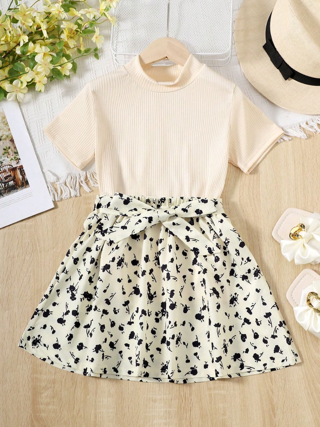 Children's Ribbed T-Shirt and Contrast Floral Skirt Set - The Little Big Store