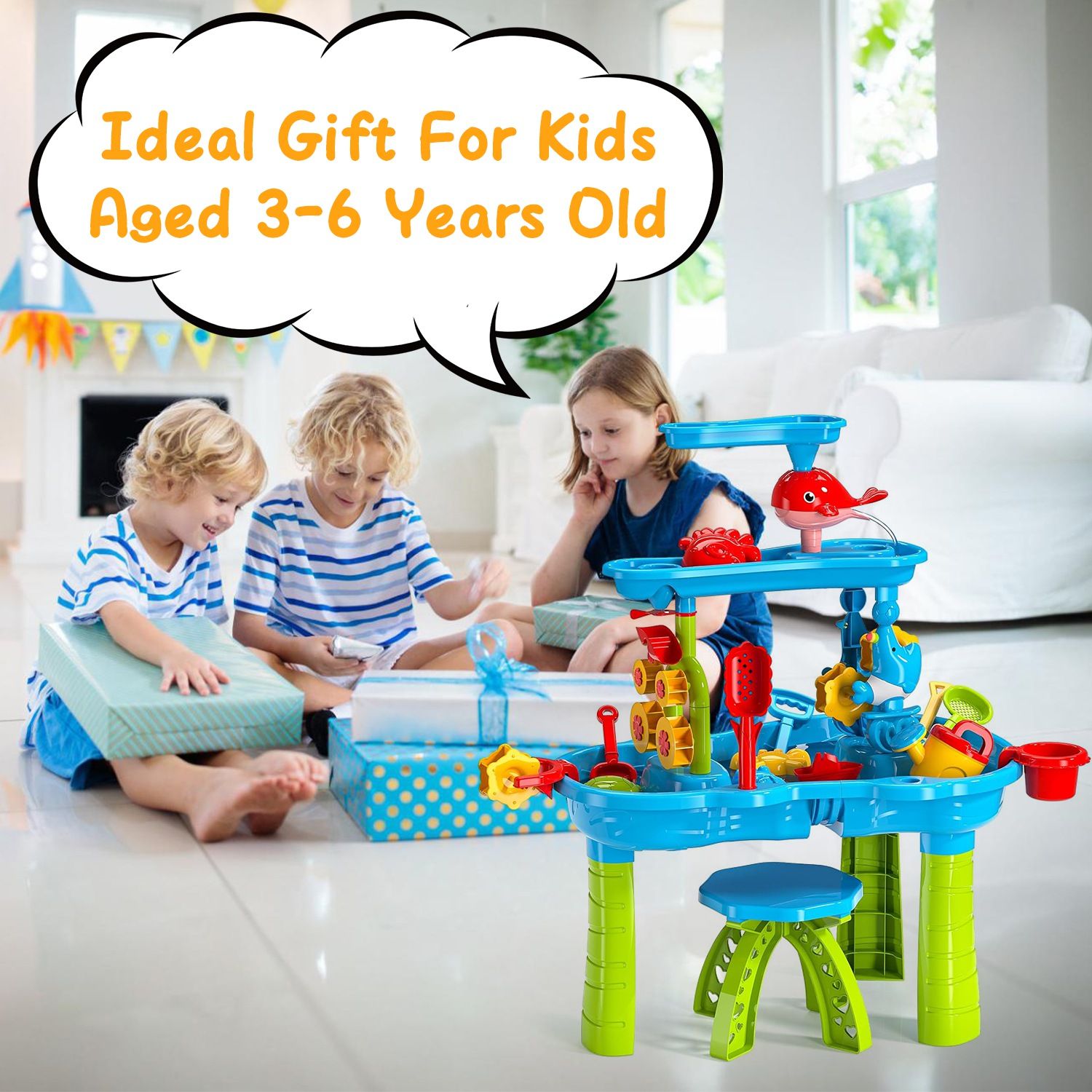 3-Tier Kids Sand & Water Activity Table with Rain Shower, Chair & Accessories