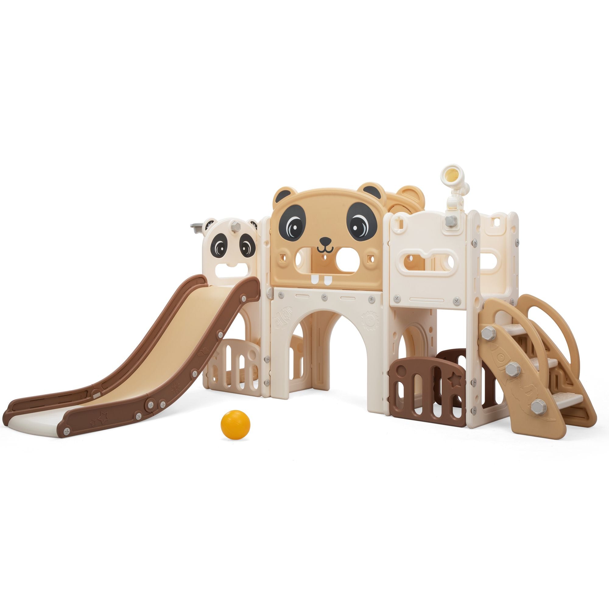 9-in-1 Large Toddler Slide and Climber Set, Kids Slide Playset with Basketball Hoop and Ball, Ring Toss, Lookout Tower, Telescope, Storage, Freestanding Slide for Indoor Outdoor, Panda-Themed