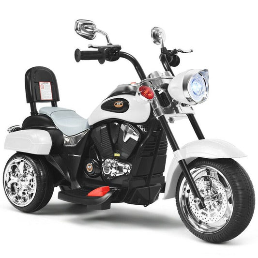 Children's toy motorcycle with black and white design on a white background