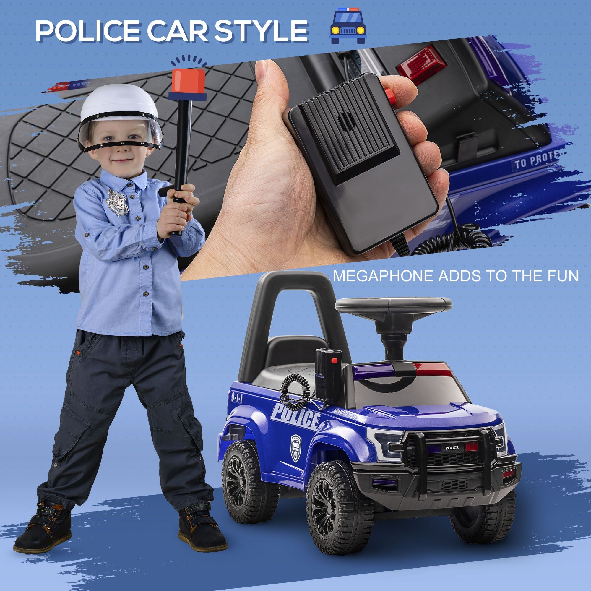 Kids Blue Ride-On Push Car with Megaphone, Sliding Toy with Under Seat Storage, Removable Backrest for Ages 2-5