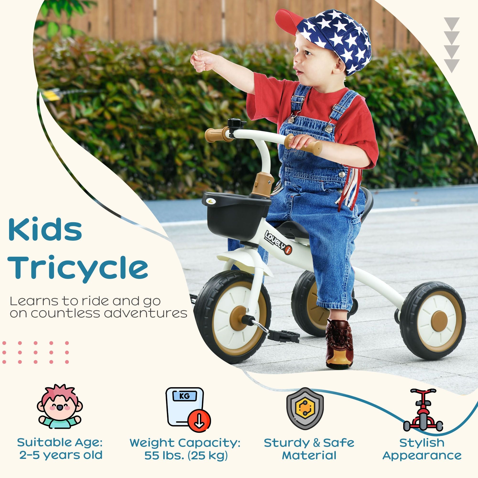 Adjustable Toddler Tricycle with Basket & Bell – White (2–5 Years)