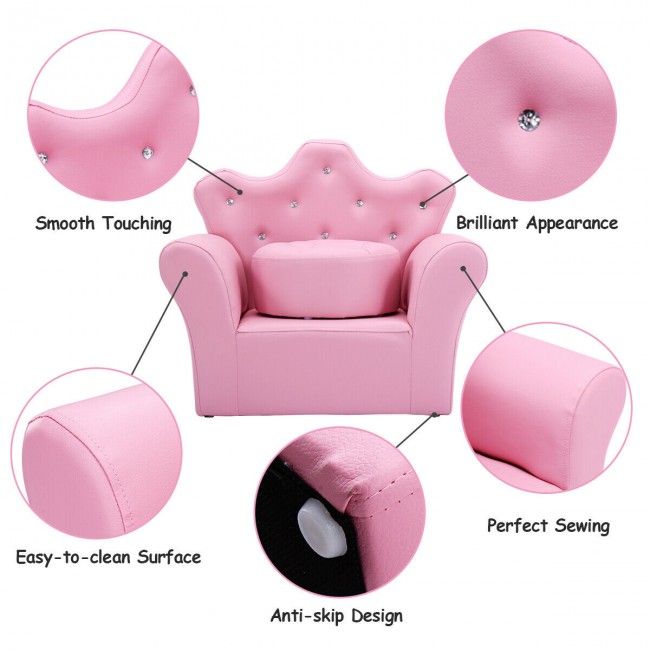 Children’s Princess Sofa Set with Ottoman – Upholstered Toddler Couch with Sparkling Diamond Design for Kids Ages 3-5
