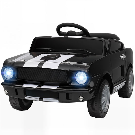 Black toy car with white stripes on a white background