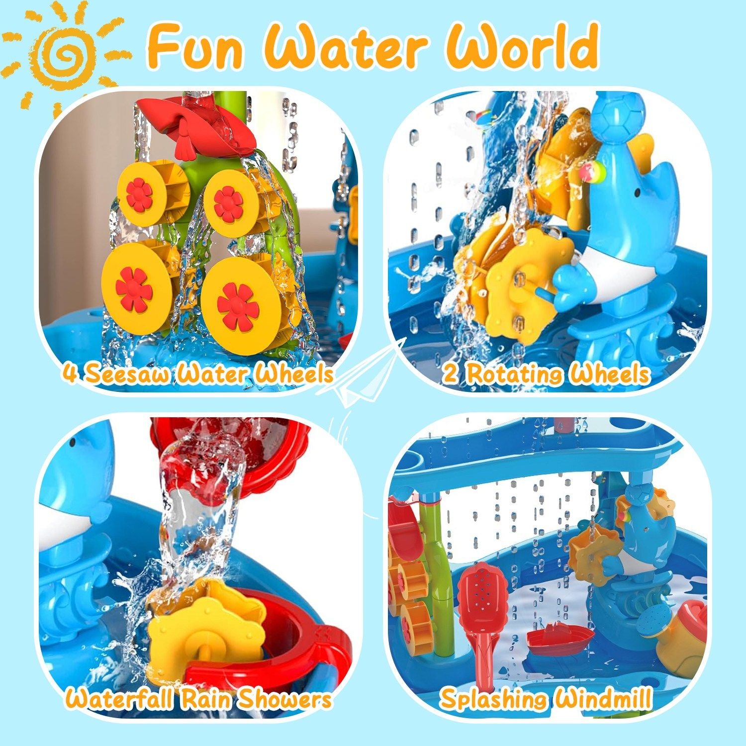 3-Tier Kids Sand & Water Activity Table with Rain Shower, Chair & Accessories