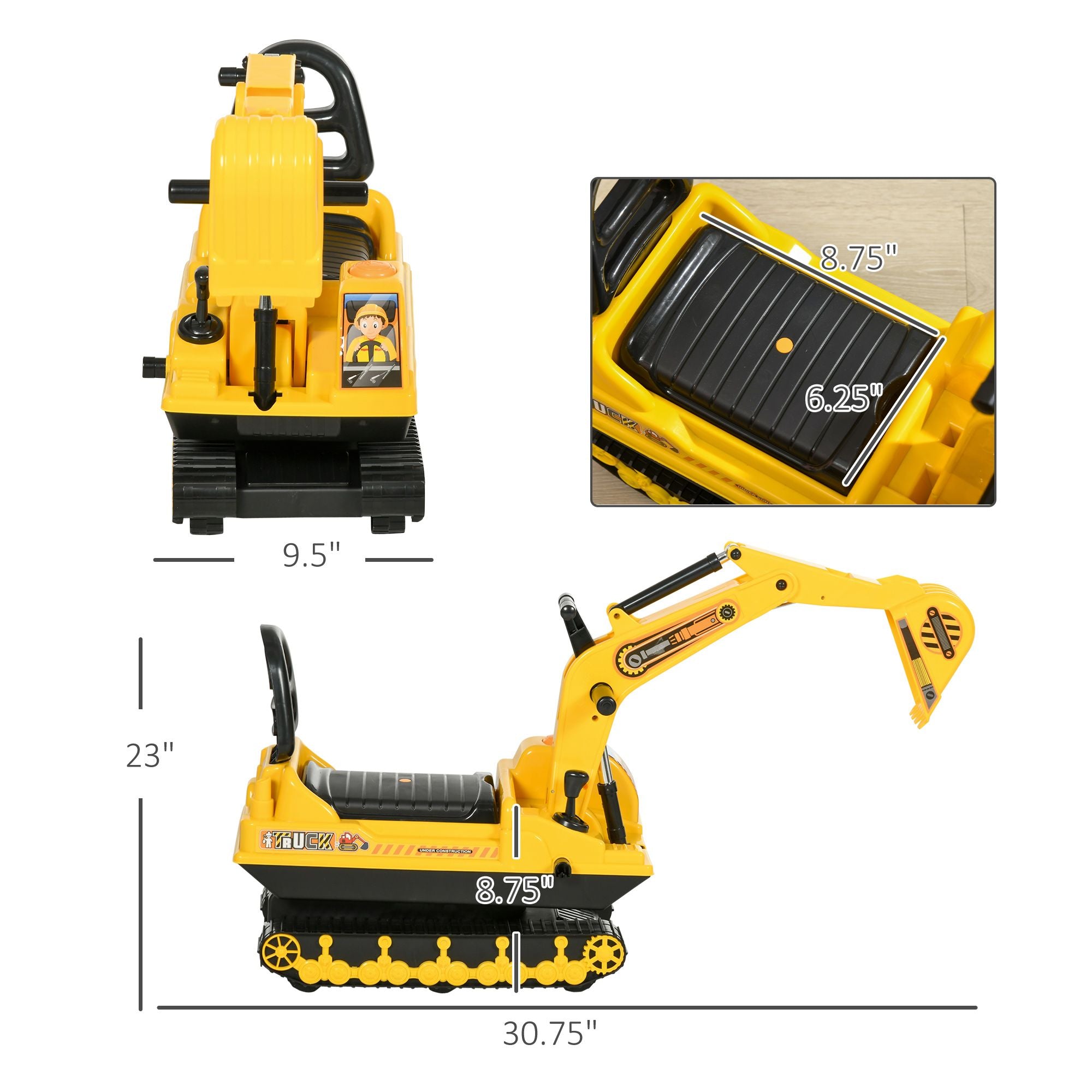 Kids Excavator Toy with Rotatable 2-in-1 Ride-On Excavator Toy – Toddler Walker & Construction Digger Ride-On (No Battery)Digging and Storage Bucket, Kids Ride-on Construction Car for 3-8 Years Old, Yellow & Black