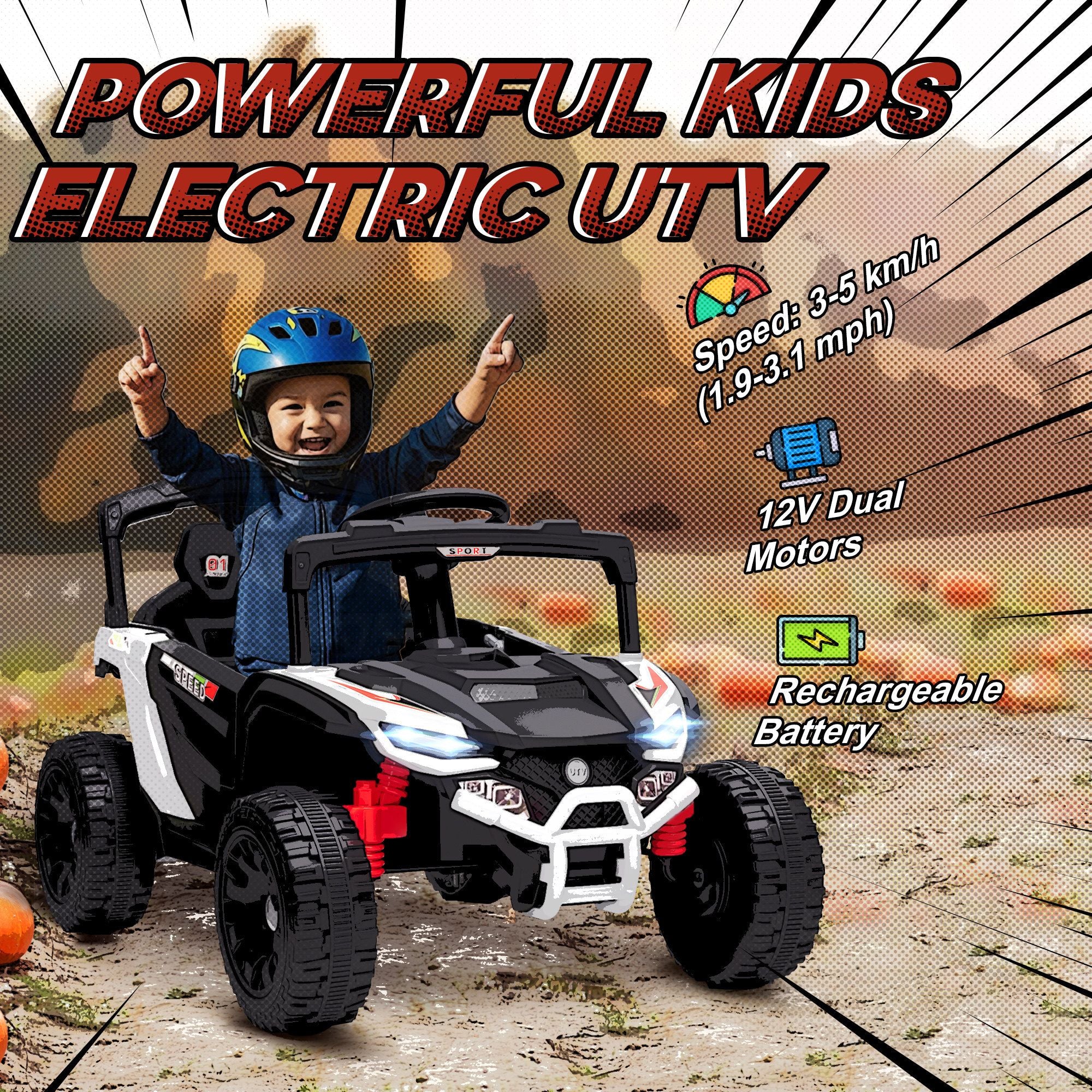 Battery-Powered 12V Kids Electric UTV Truck - Remote Controlled Vehicle with Suspension for Kids Aged 3-5, White