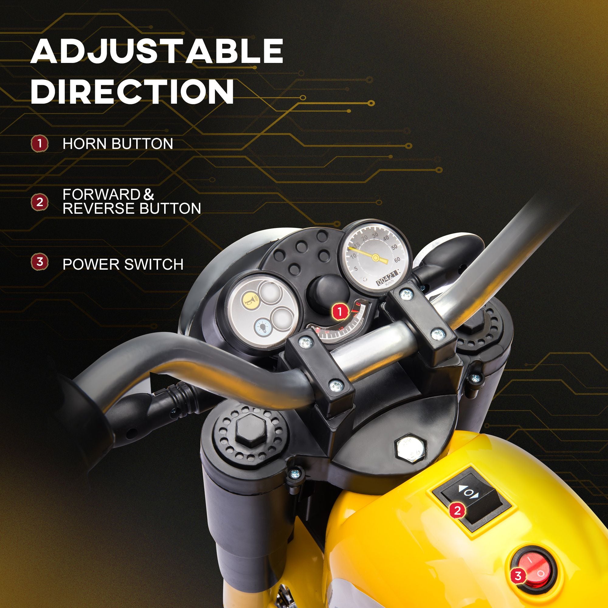 Close-up of a motorcycle handlebar with control buttons and indicators on a dark background.