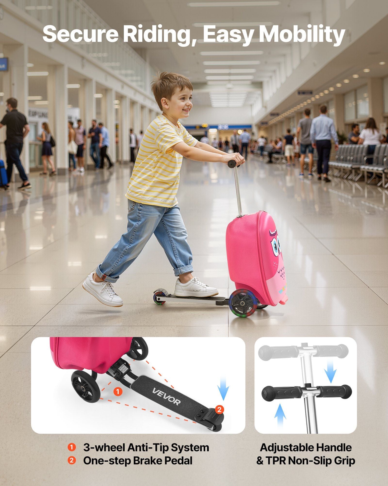 20-Inch Ride-On Kids Scooter Suitcase – Pink Travel Luggage with Flashing Wheels, Foldable Design & Fun Ride-On Carry-On Bag