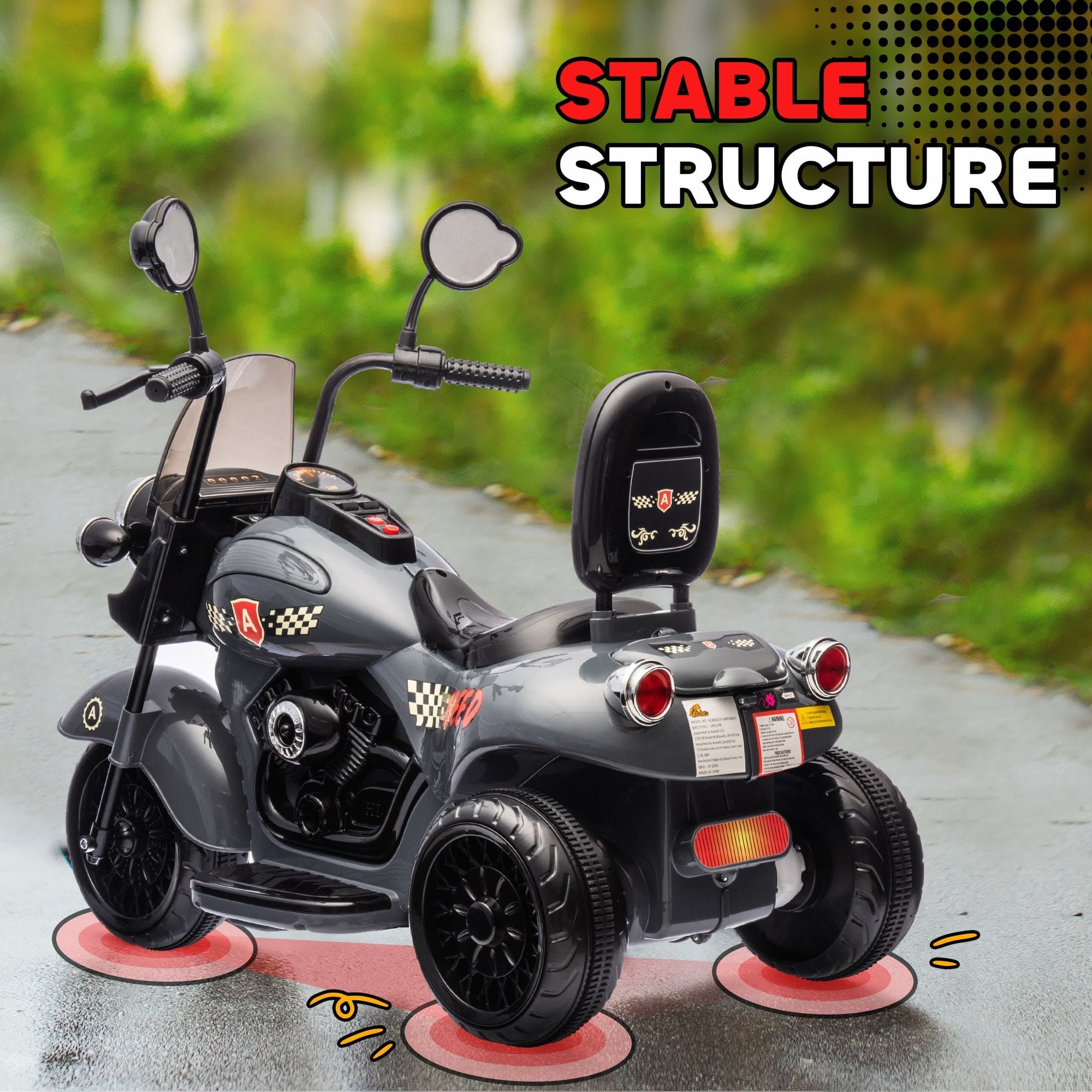 🏍️ ZoomZoom™ Kids' 3-Wheel Electric Motorcycle – Gray Chopper Style (Ages 3-6) | 6V Battery Powered Ride-On Toy