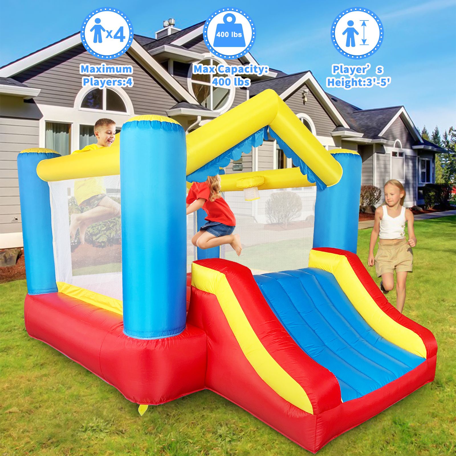 Yard nflatable Bounce House with Slide & Basketball Hoop β Durable Outdoor Bouncy Castle for Kids w/ UL Blower, 12x9x8ft