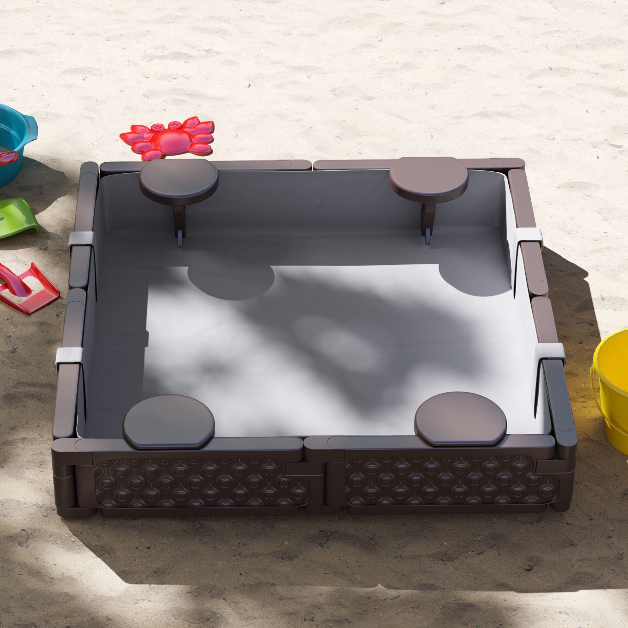Kids Sandbox with Cover, 4 Corner Seats, Bottom Liner for Backyard, Garden, Outdoor, 47" x 47" x 9", Dark Brown