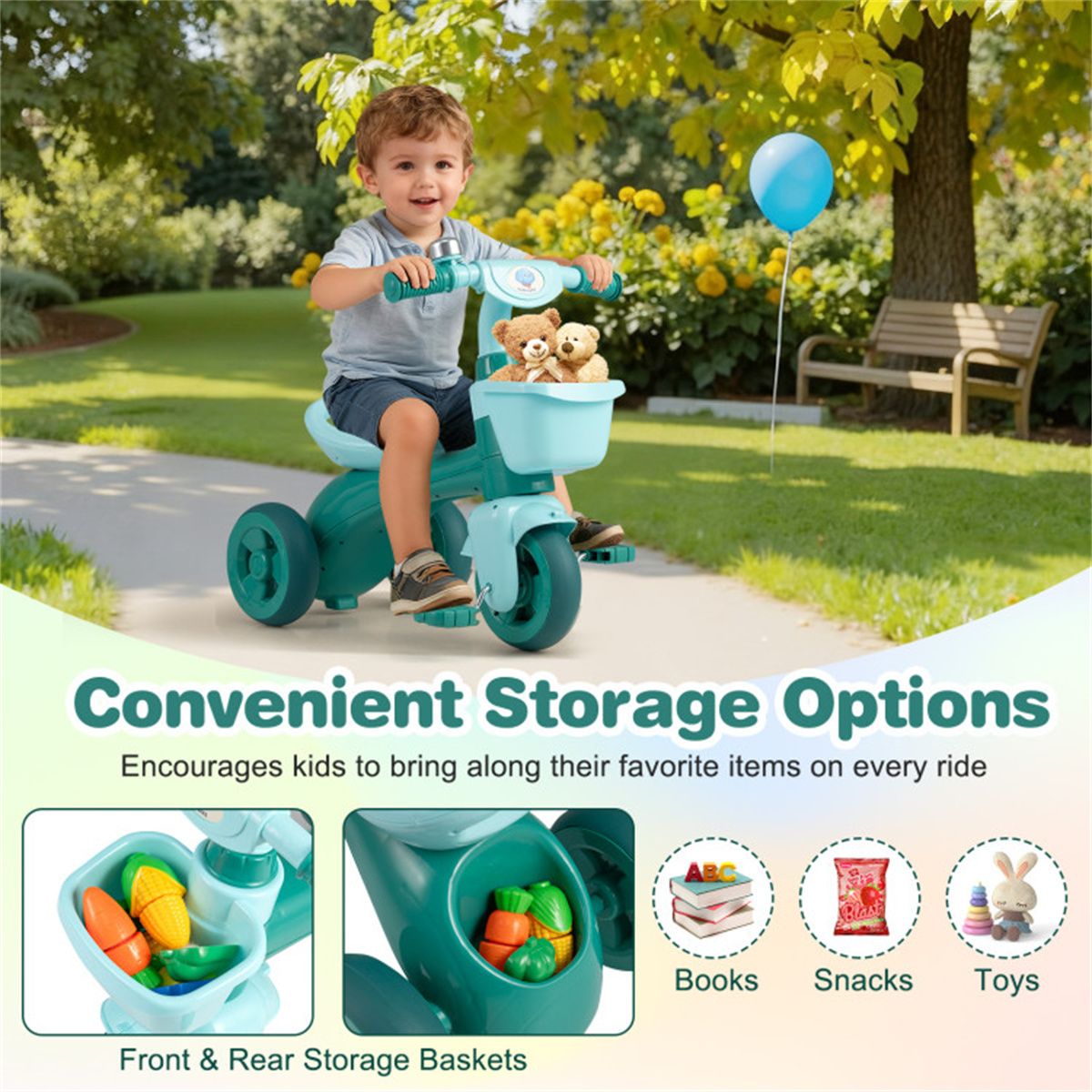 Toddler Tricycle for 3-5 Years - Stable Triangular Structure, Front & Rear Storage Baskets