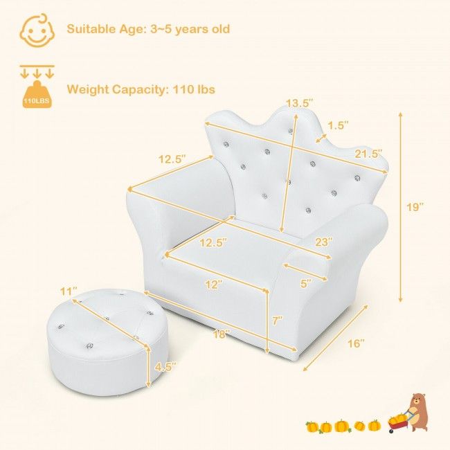Children’s Princess Sofa Set with Ottoman – Upholstered Toddler Couch with Sparkling Diamond Design for Kids Ages 3-5