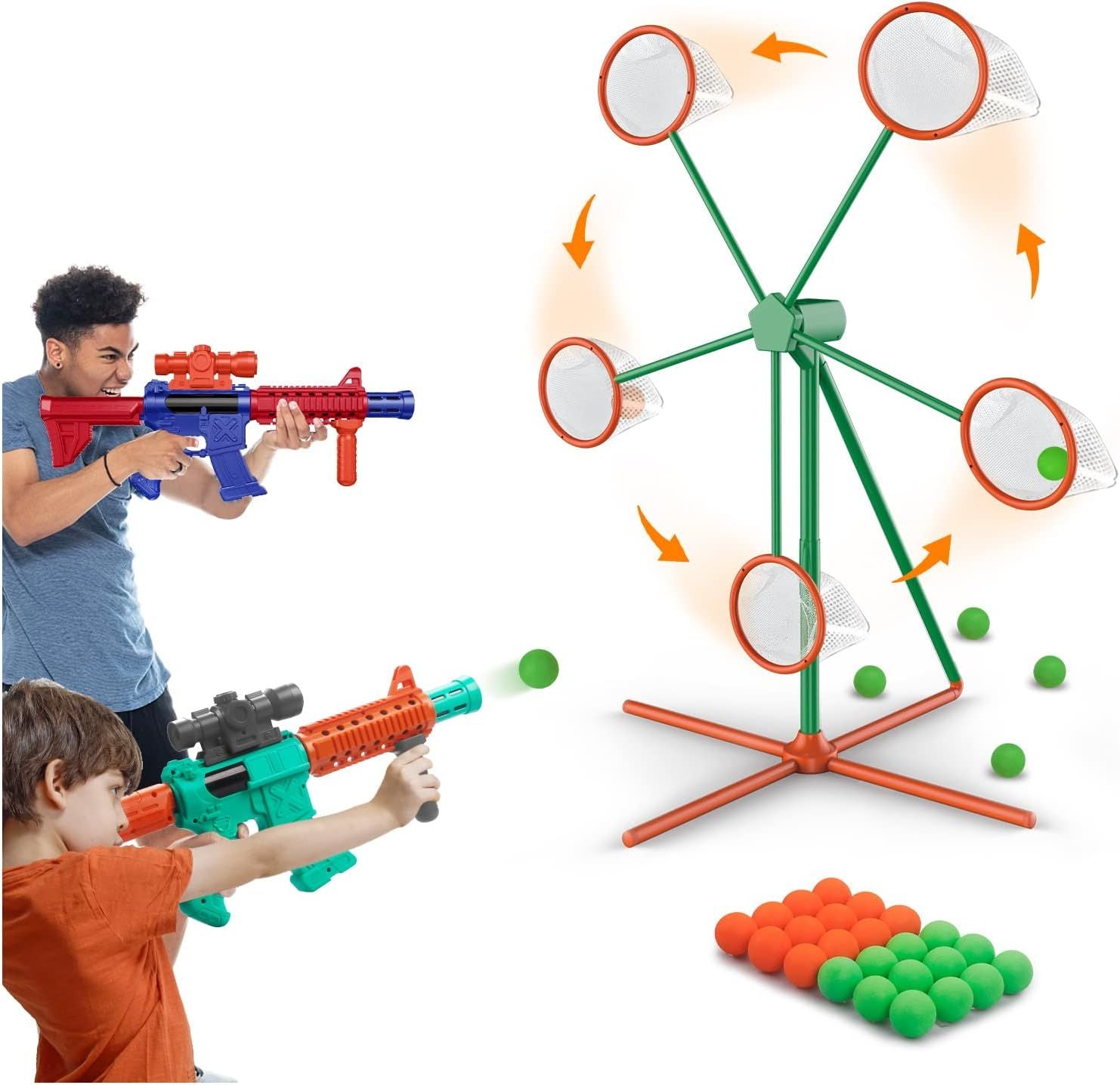 Kids Popper Air Toy Gun Set – 2-Player Shooting Game with Moving Target & 24 Foam Balls