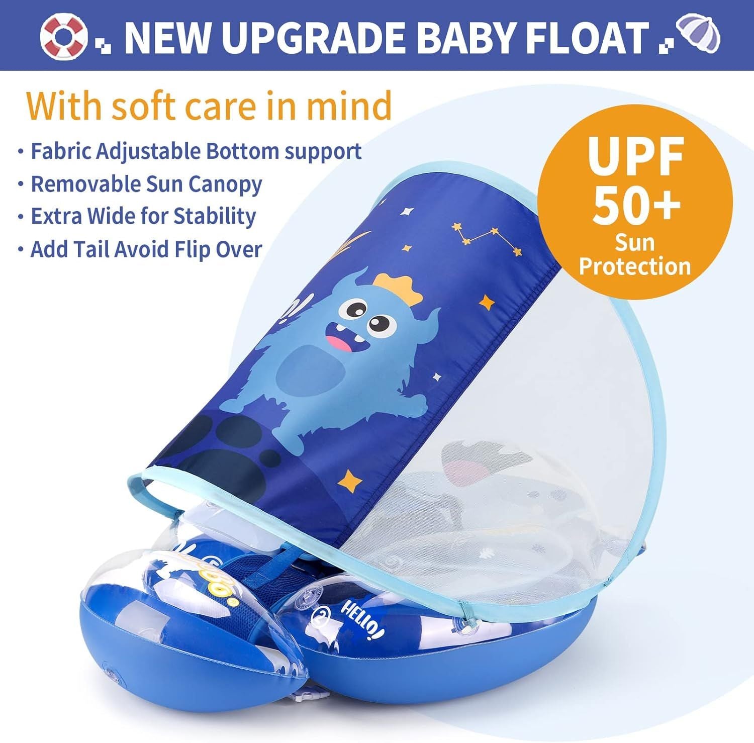 Infant Pool Float with Sun Canopy Inflatable Baby Swimming Floatie with Sponge Safety Bottom Support Water Toys Swim Trainer (Blue, Large)