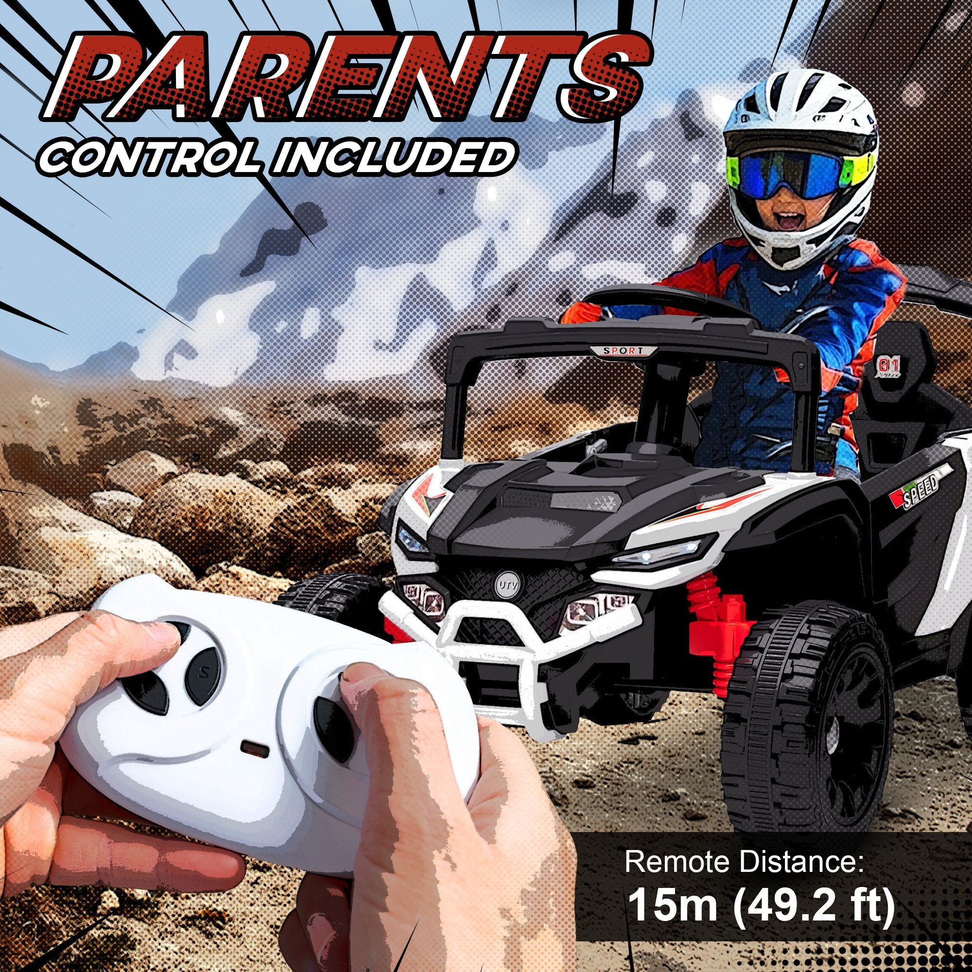Battery-Powered 12V Kids Electric UTV Truck - Remote Controlled Vehicle with Suspension for Kids Aged 3-5, White