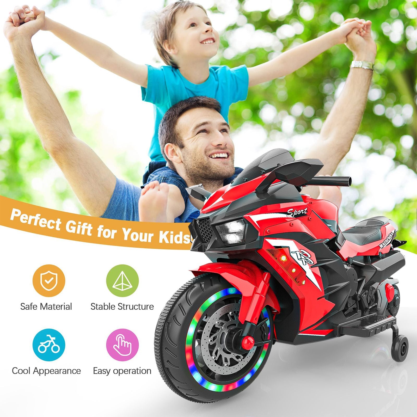 Vibrant Red 12V Electric Motorcycle for Kids - Bluetooth Music & Lighted Wheels for an Exciting Ride