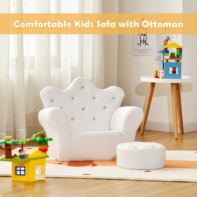 Children’s Princess Sofa Set with Ottoman – Upholstered Toddler Couch with Sparkling Diamond Design for Kids Ages 3-5