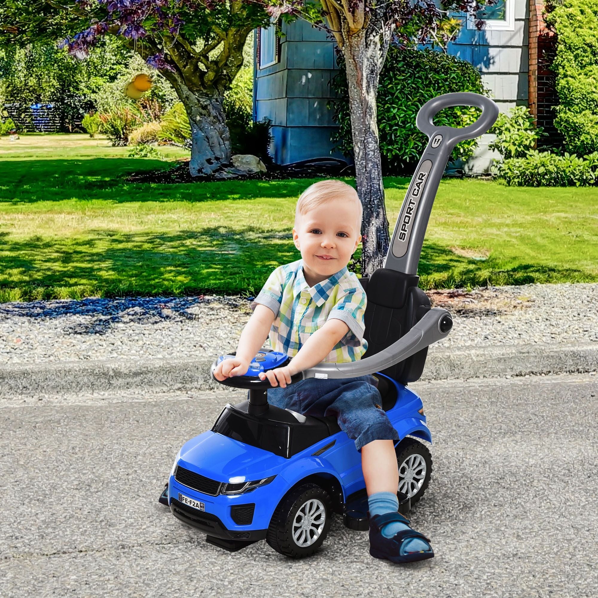 Deluxe Blue 3-in-1 Push Car for Toddlers - Horn, Music, and Light Features