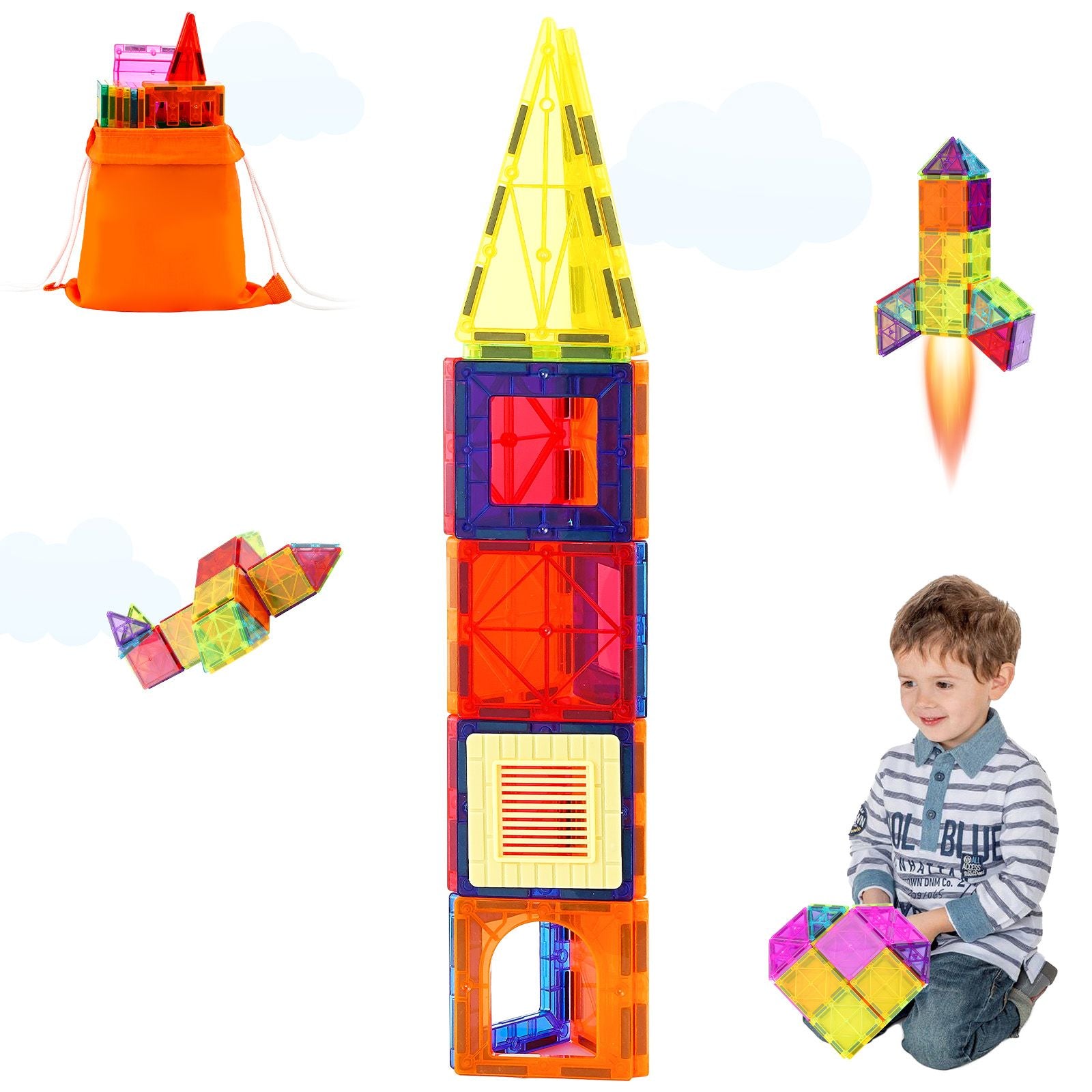 Magnetic Tiles Set – 55PCS STEM Educational Building Toy with Storage Bag