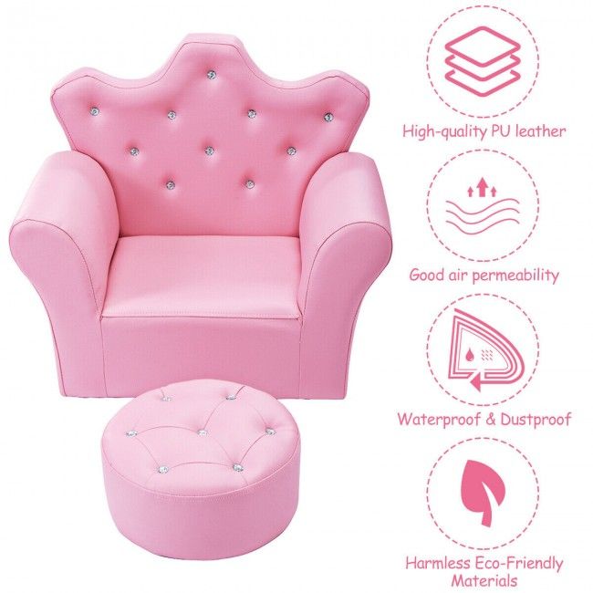 Children’s Princess Sofa Set with Ottoman – Upholstered Toddler Couch with Sparkling Diamond Design for Kids Ages 3-5