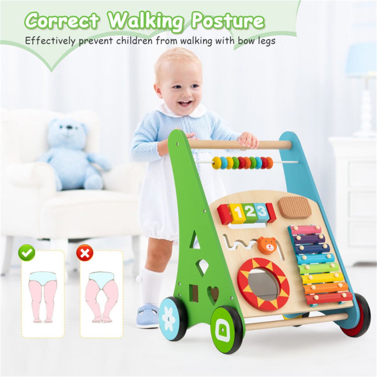 Multifunctional Wooden Baby Walker - 7+ Activity Center (Xylophone/Shape Sorter/Mirror), 3+ Years Old