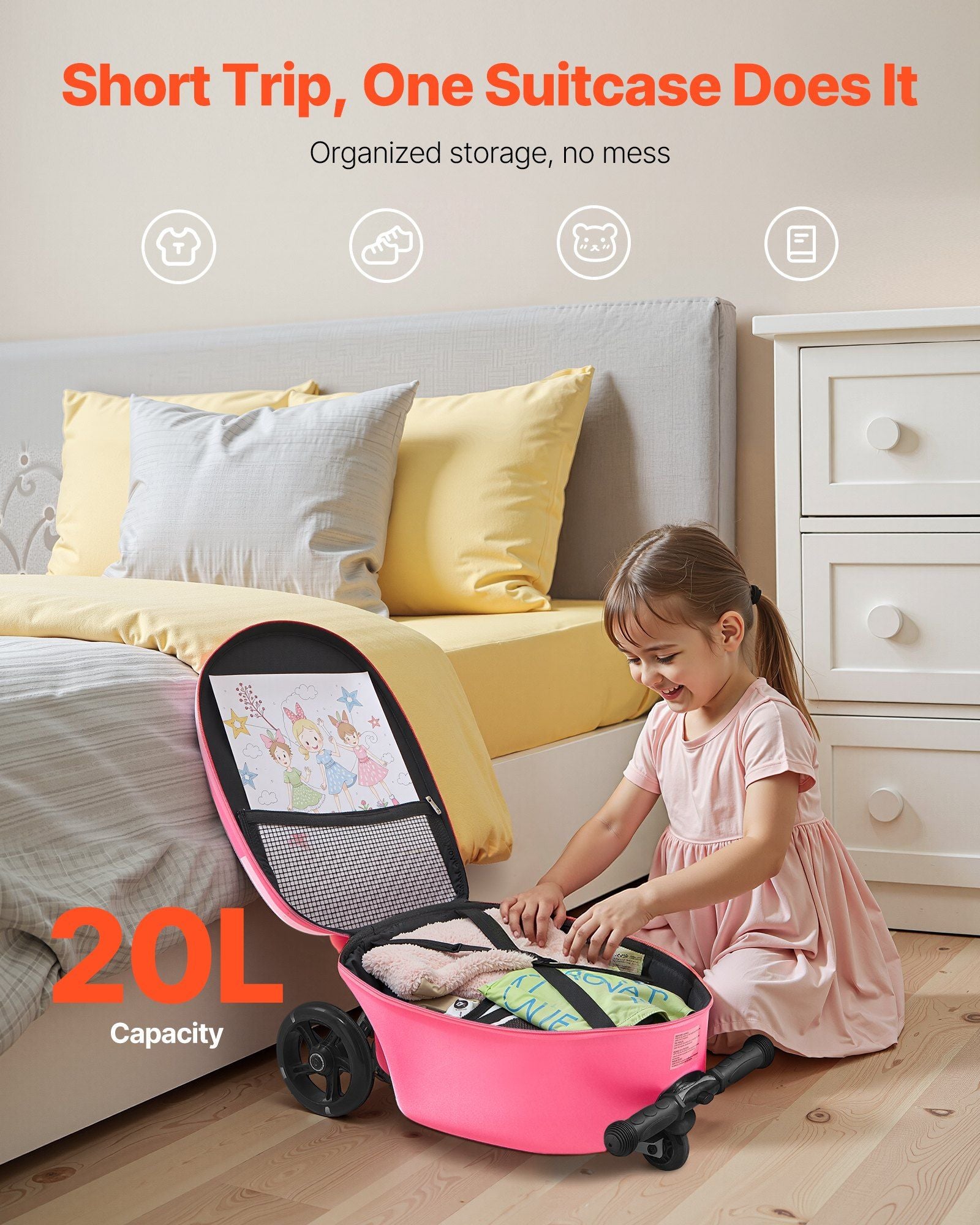 20-Inch Ride-On Kids Scooter Suitcase – Pink Travel Luggage with Flashing Wheels, Foldable Design & Fun Ride-On Carry-On Bag