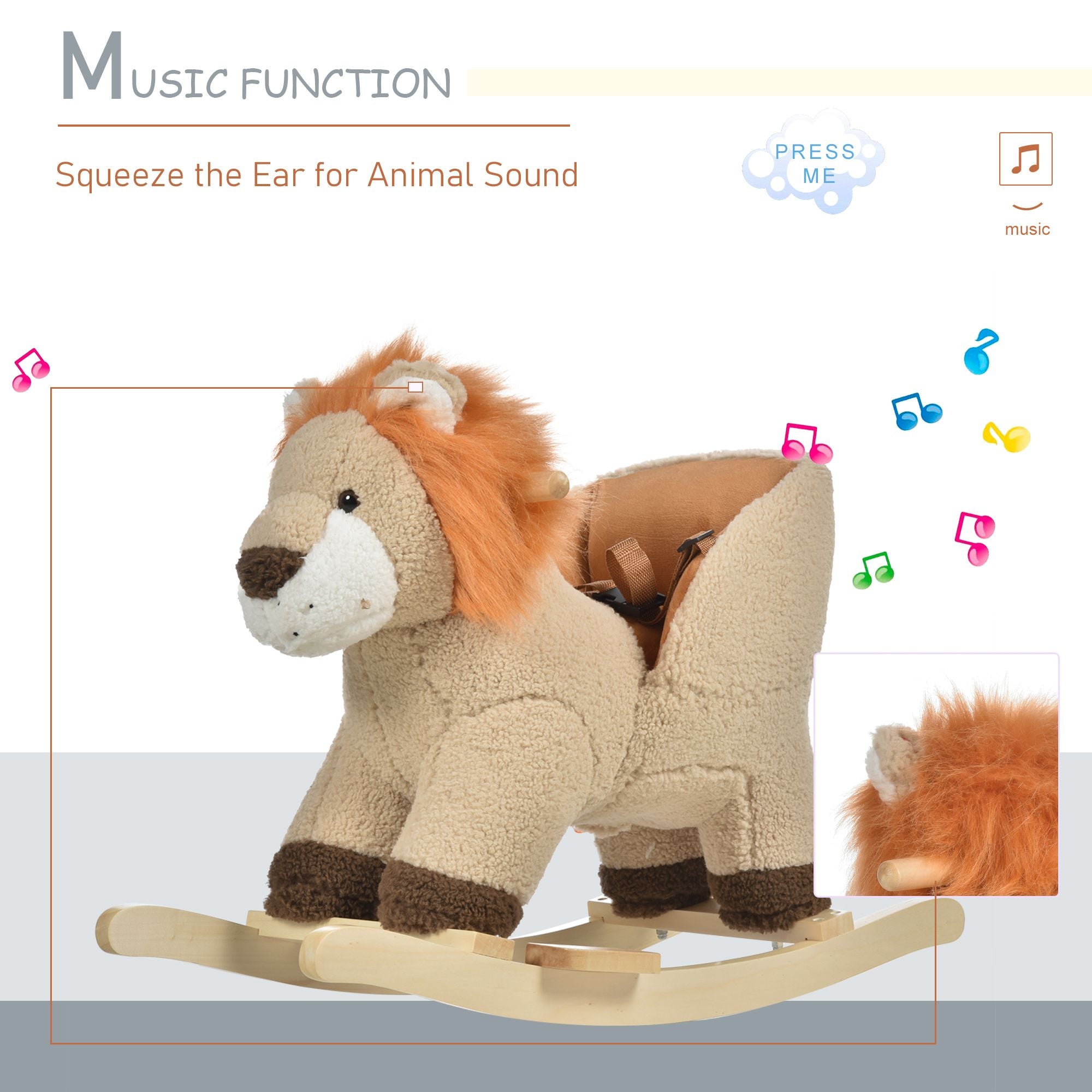 Toddler Rocking Horse with Seat Belt, Plush Rocking Lion with Sound, Perfect Gift for Boys & Girls 18-36 Months, Brown