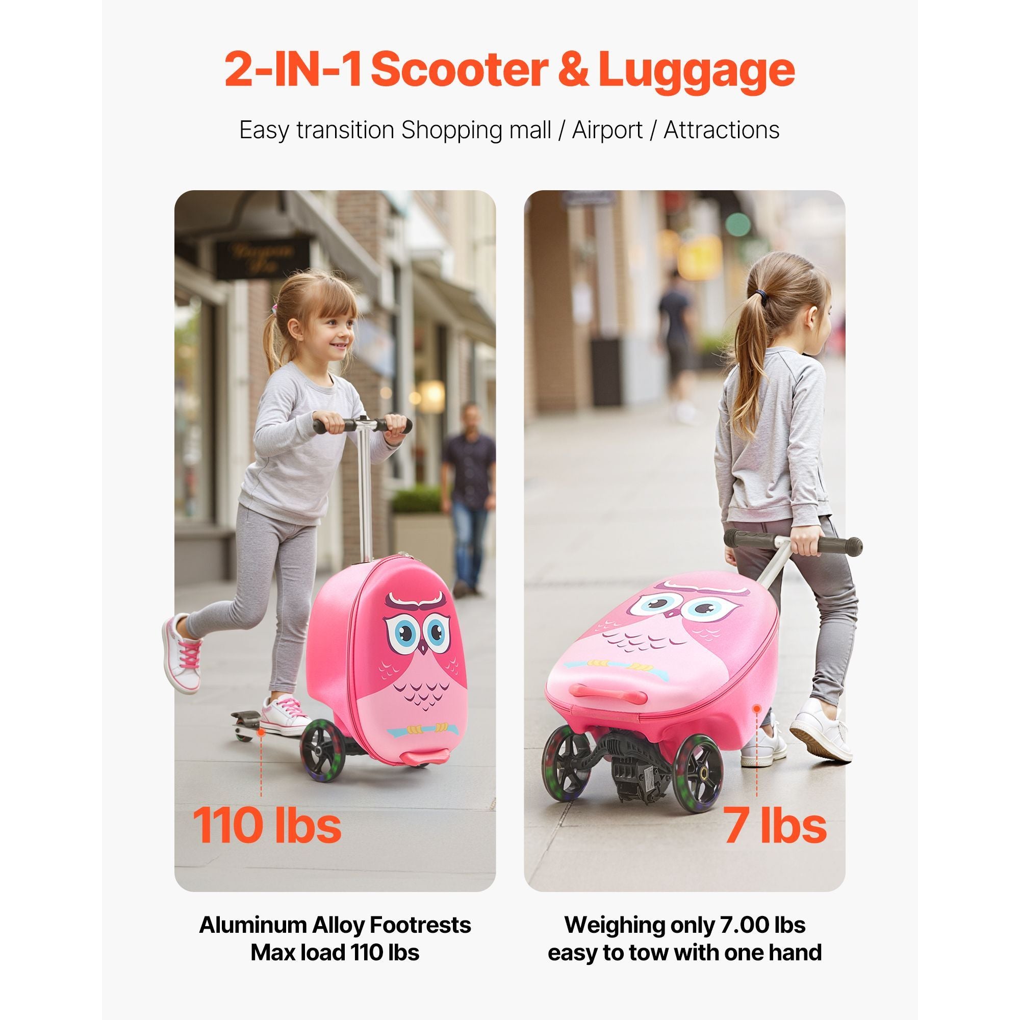 Travel Ready Kids Scooter Suitcase - 20 Inch Pink Luggage with Adjustable Handle & TPR Grip