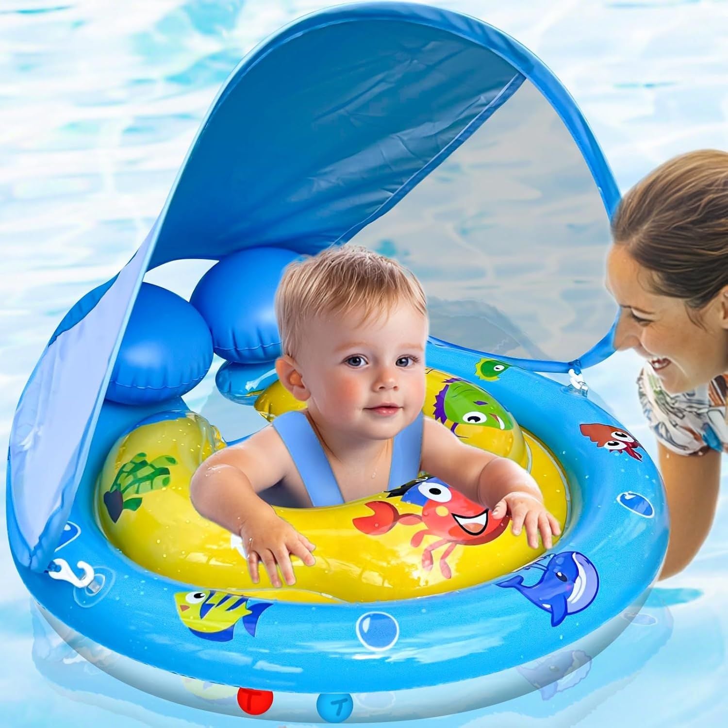Baby Pool Swimming Float with Removable Canopy & Adjustable Seat - UPF50+ Sun Protection, Double Tail Airbag for Stability - Safe Pool Float for Infants Toddler 6-36 Months, Extra-Wide Baby Swim Ring